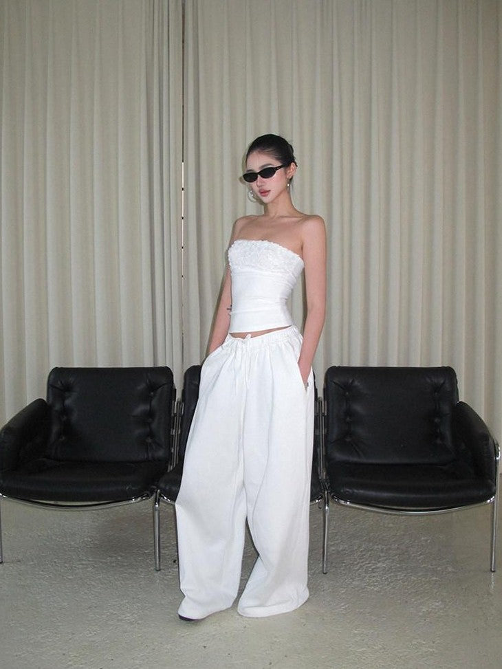 rovente White Minimalist Drapey Floor Length Women's Cotton Blend Wide-leg Pants