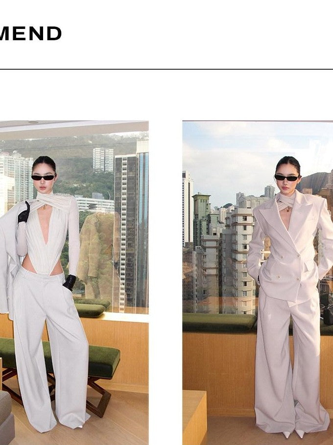 rovente White Notched Lapel Double Breasted Padded Shoulders Women's Polyester Blazers