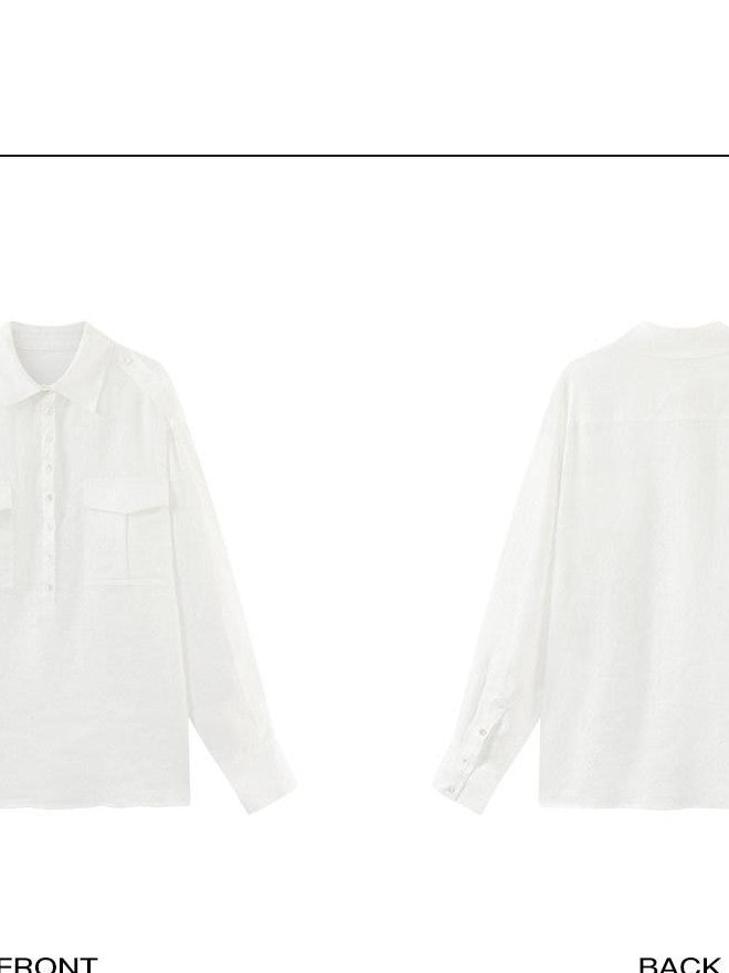 rovente White Polo Collar Patch Pocket Loose Women's 100 Percent Linen Shirts
