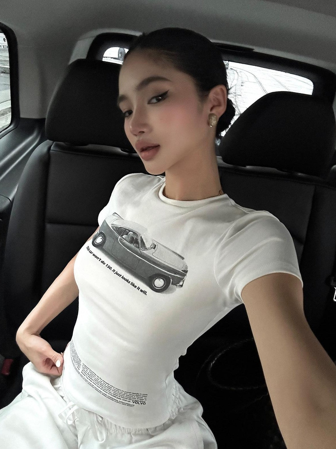 rovente White Printed Round Neck Short Sleeve Women's Stretch Slim T-shirts