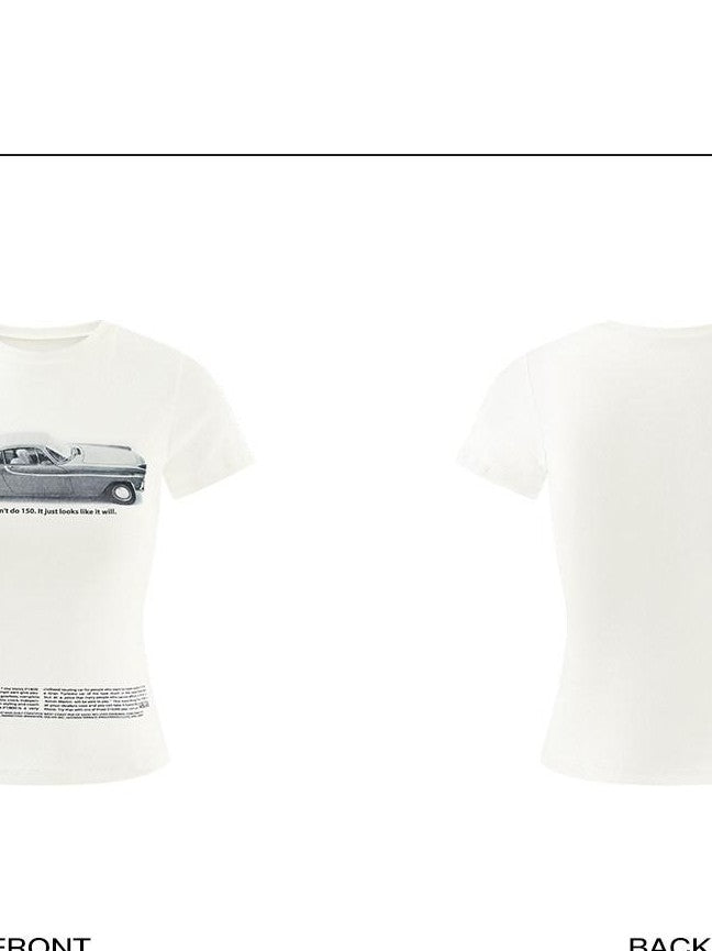 rovente White Printed Round Neck Short Sleeve Women's Stretch Slim T-shirts