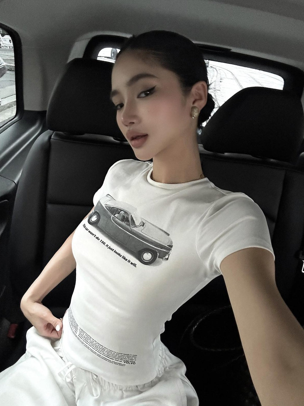 rovente White Printed Round Neck Short Sleeve Women's Stretch Slim T-shirts