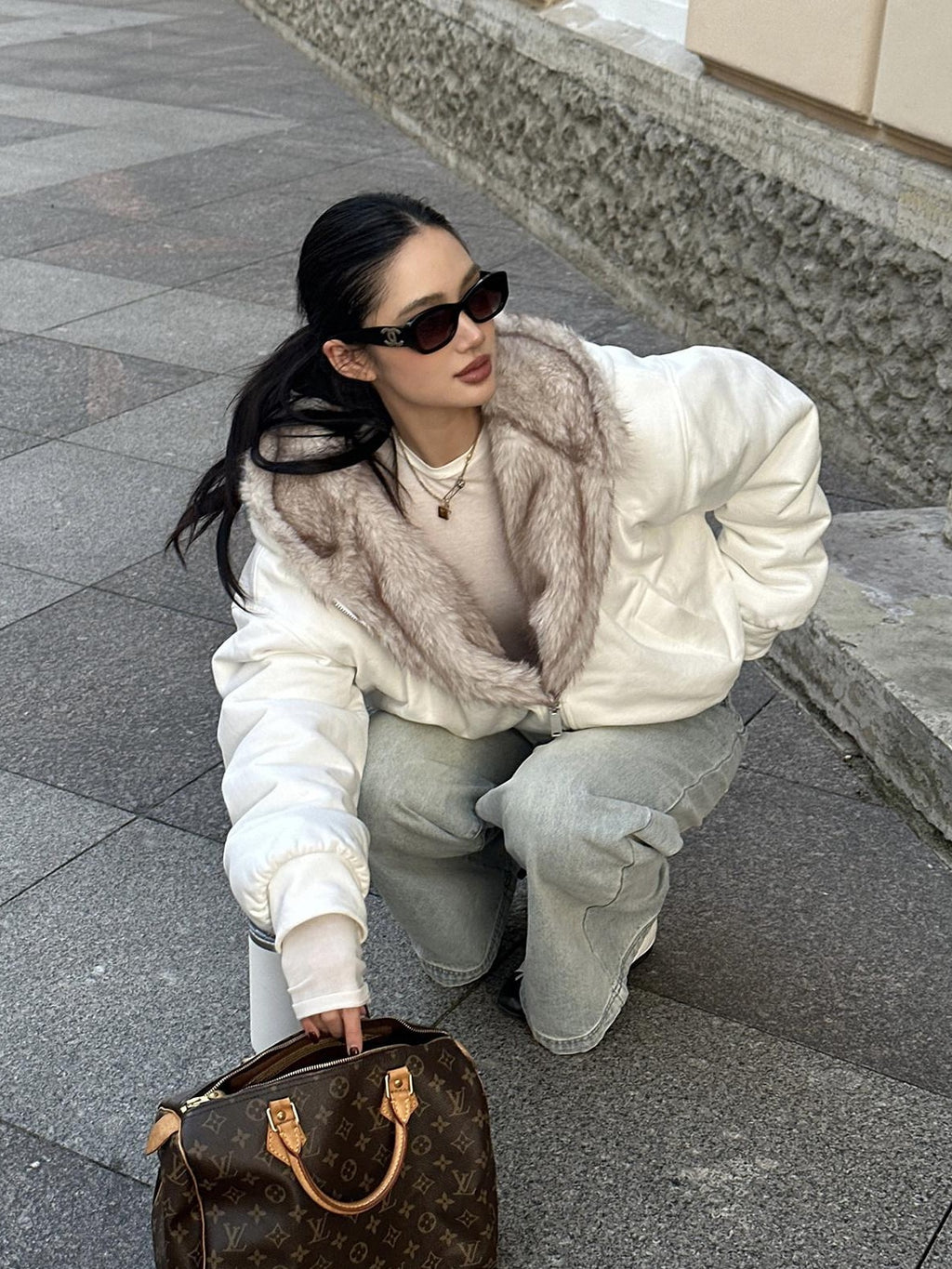 rovente White Reversible Hooded Fur Collar Zip Women's Cotton Faux Fur Coats