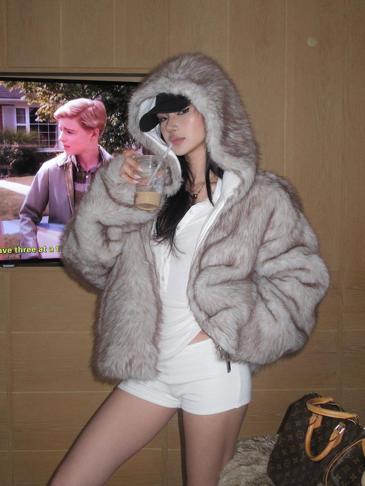 rovente White Reversible Hooded Fur Collar Zip Women's Cotton Faux Fur Coats