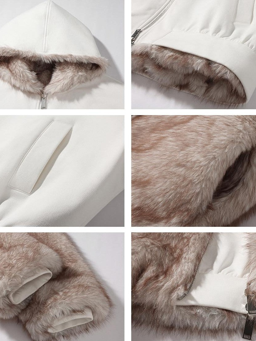 rovente White Reversible Hooded Fur Collar Zip Women's Cotton Faux Fur Coats