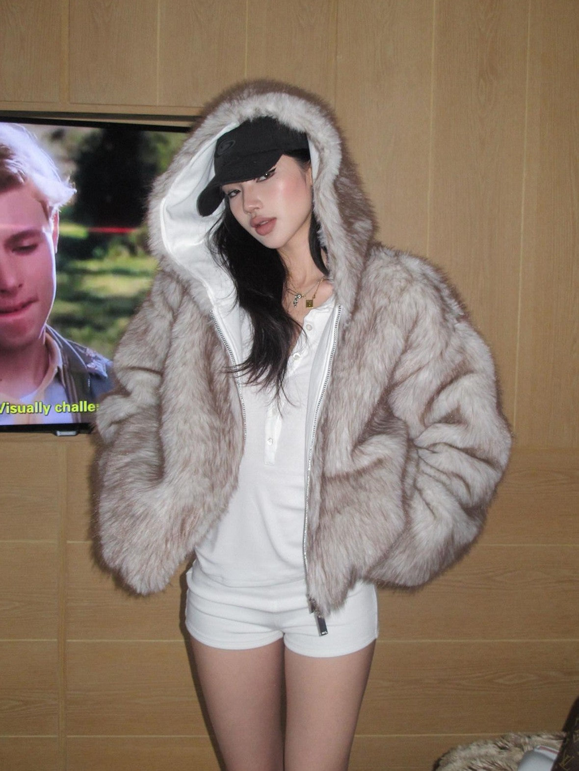rovente White Reversible Hooded Fur Collar Zip Women's Cotton Faux Fur Coats