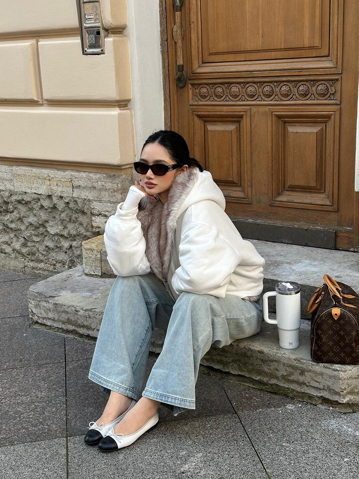 rovente White Reversible Hooded Fur Collar Zip Women's Cotton Faux Fur Coats