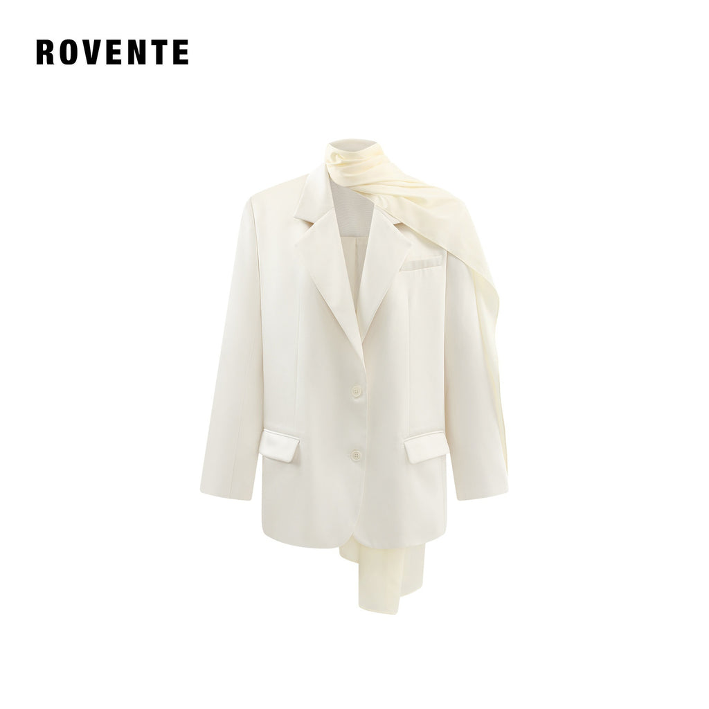 rovente_White_Ribbon_Tie_Padded_Shoulder_Loose_Casual_Women's_Polyester_Blend_Blazers_970876323858_MISSTT