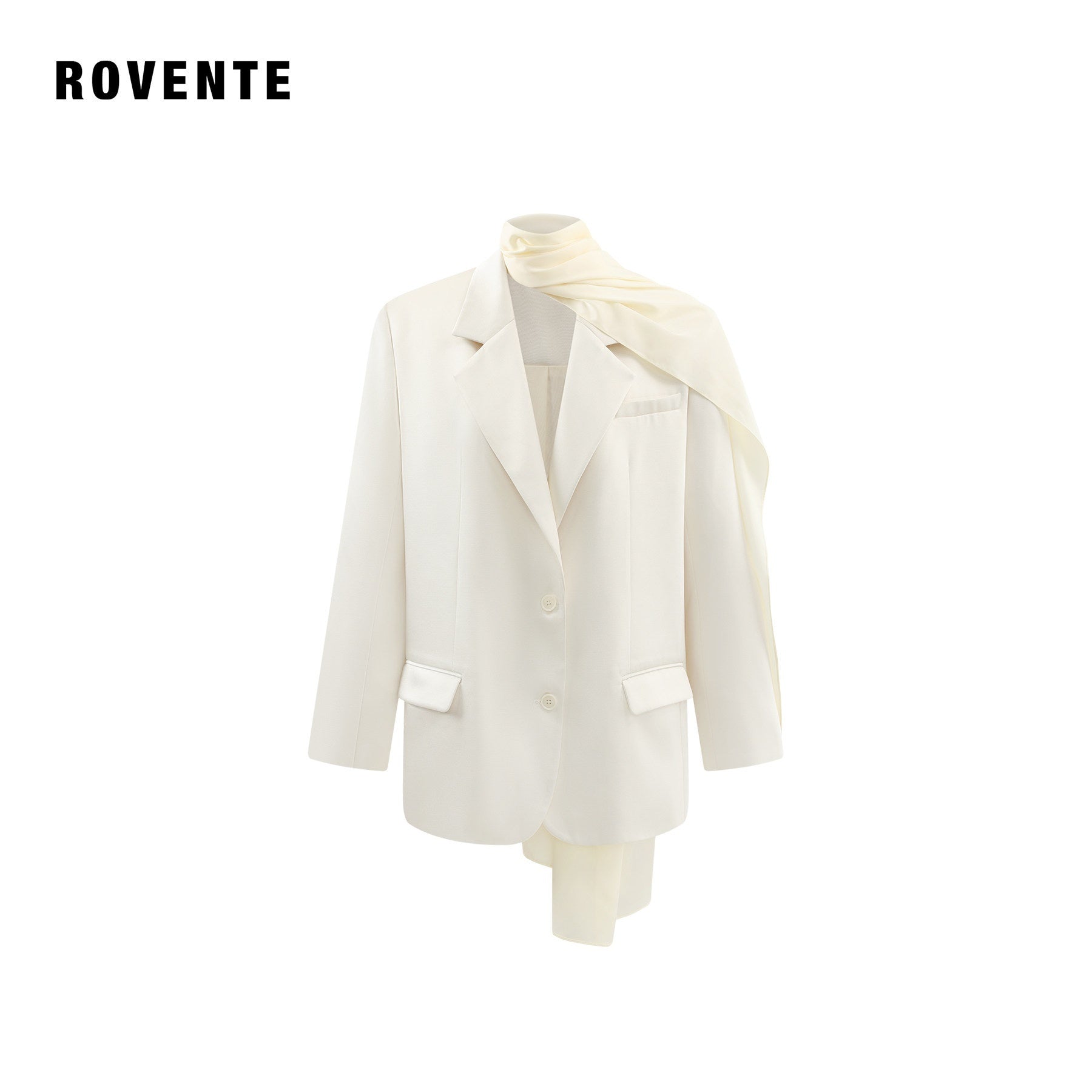 rovente_White_Ribbon_Tie_Padded_Shoulder_Loose_Casual_Women's_Polyester_Blend_Blazers_970876323858_MISSTT