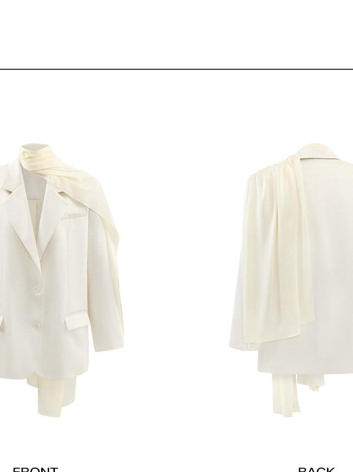 rovente White Ribbon Tie Padded Shoulder Loose Casual Women's Polyester Blend Blazers