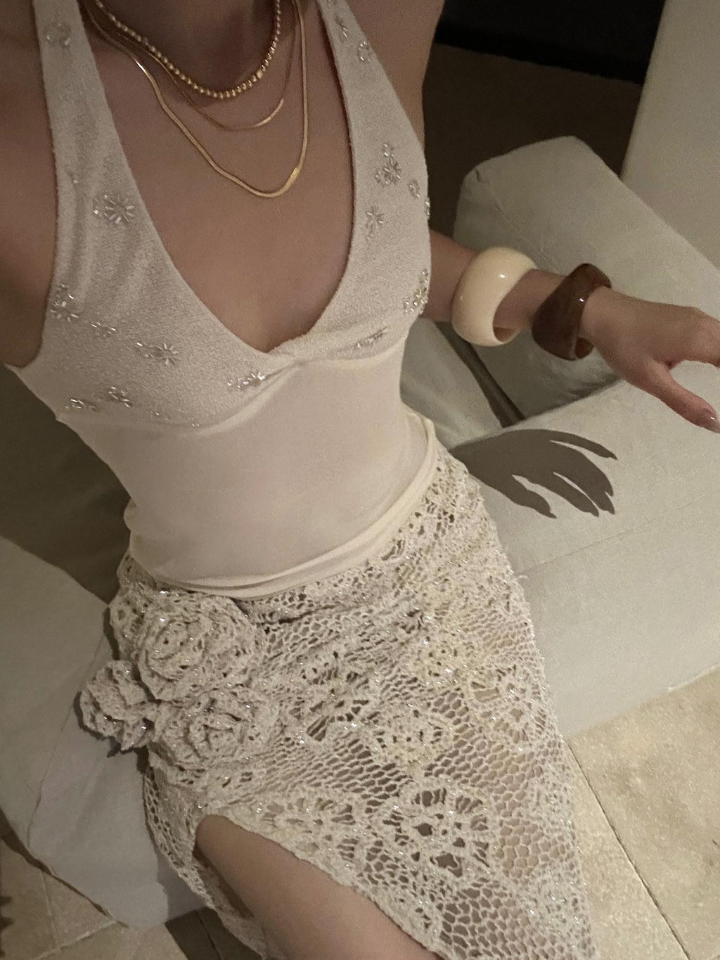 rovente White Sequin Spliced Backless Slim Fit Women's Polyester Halter Tops