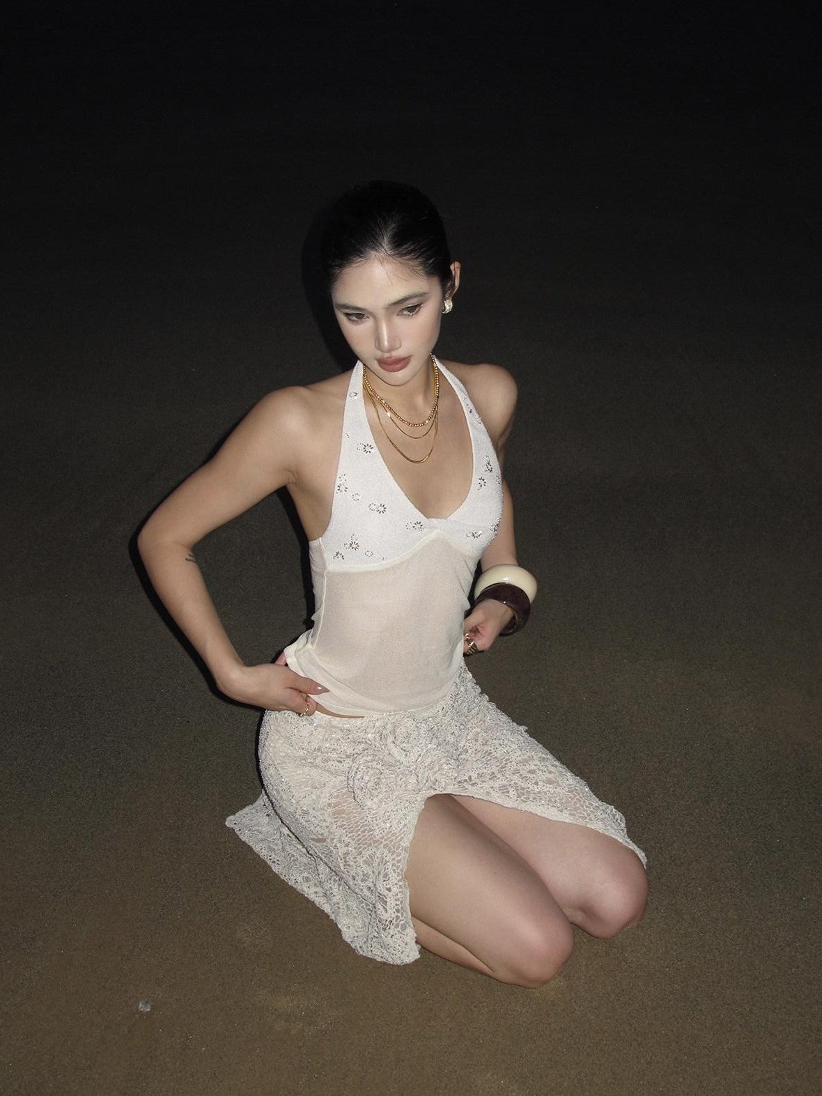 rovente White Sequin Spliced Backless Slim Fit Women's Polyester Halter Tops