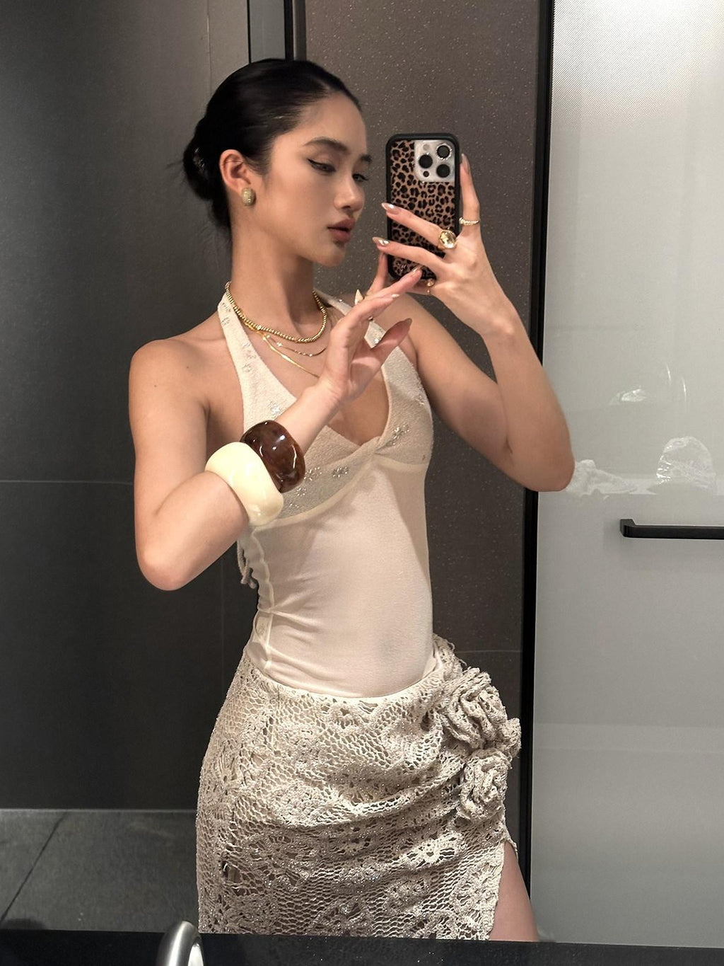 rovente White Sequin Spliced Backless Slim Fit Women's Polyester Halter Tops