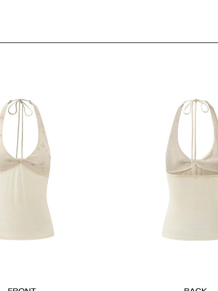 rovente White Sequin Spliced Backless Slim Fit Women's Polyester Halter Tops