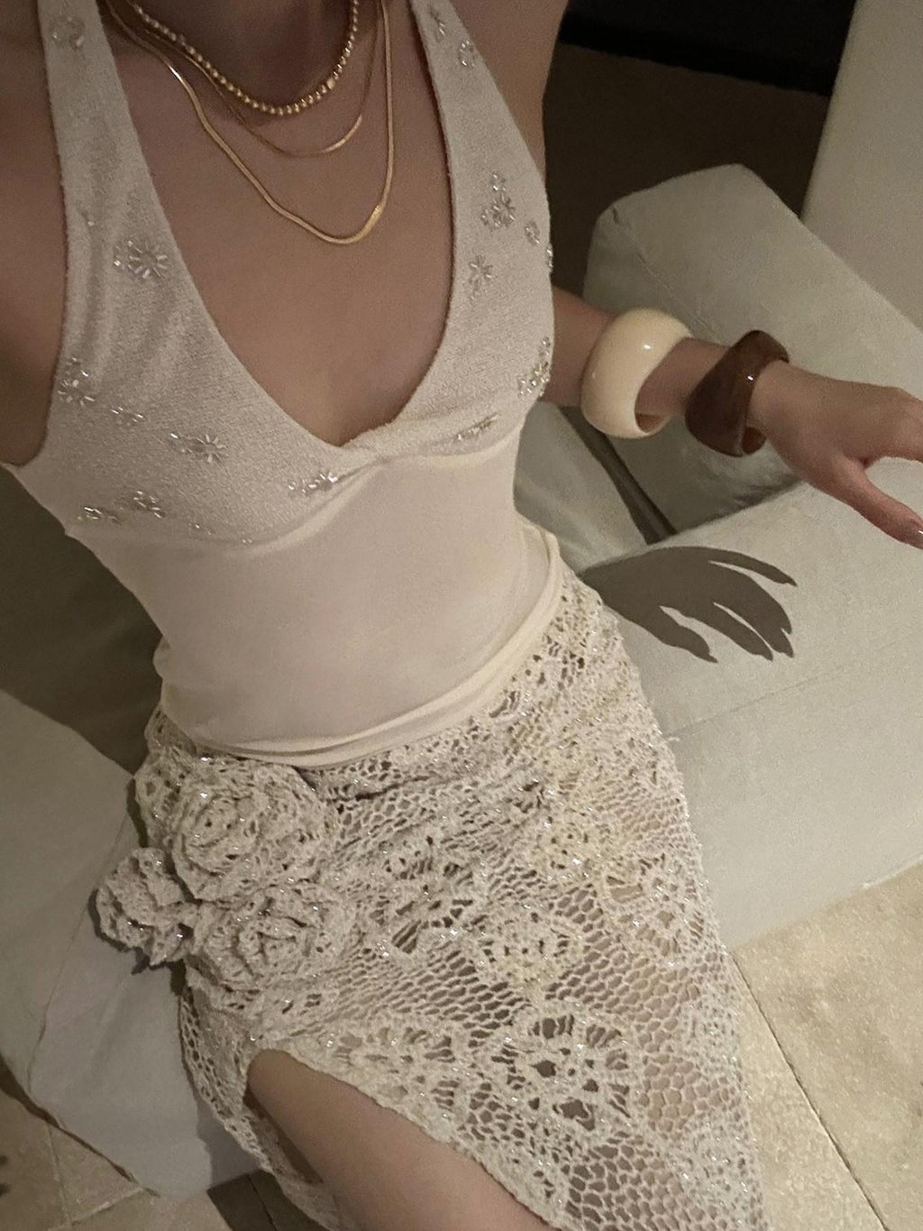 rovente White Sequin Spliced Backless Slim Fit Women's Polyester Halter Tops