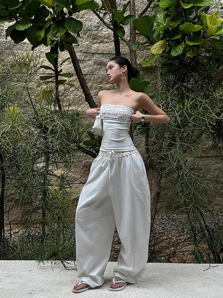 rovente White Sequin Spliced Strapless Waist Cinched Slim Women's Polyester Tube Tops
