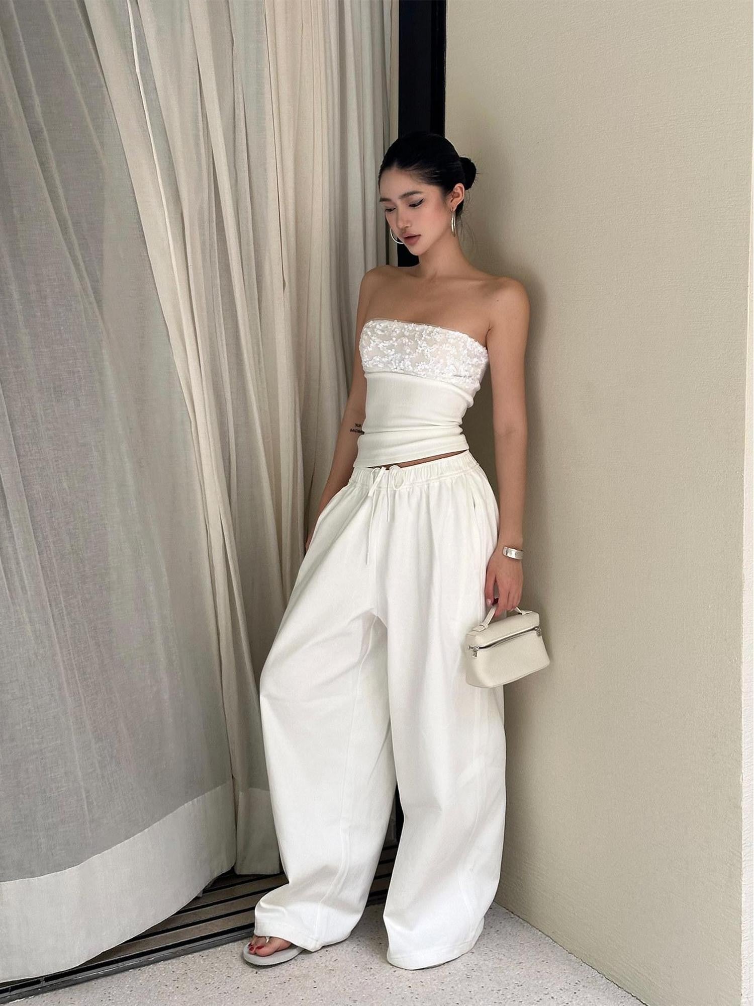 rovente White Sequin Spliced Strapless Waist Cinched Slim Women's Polyester Tube Tops