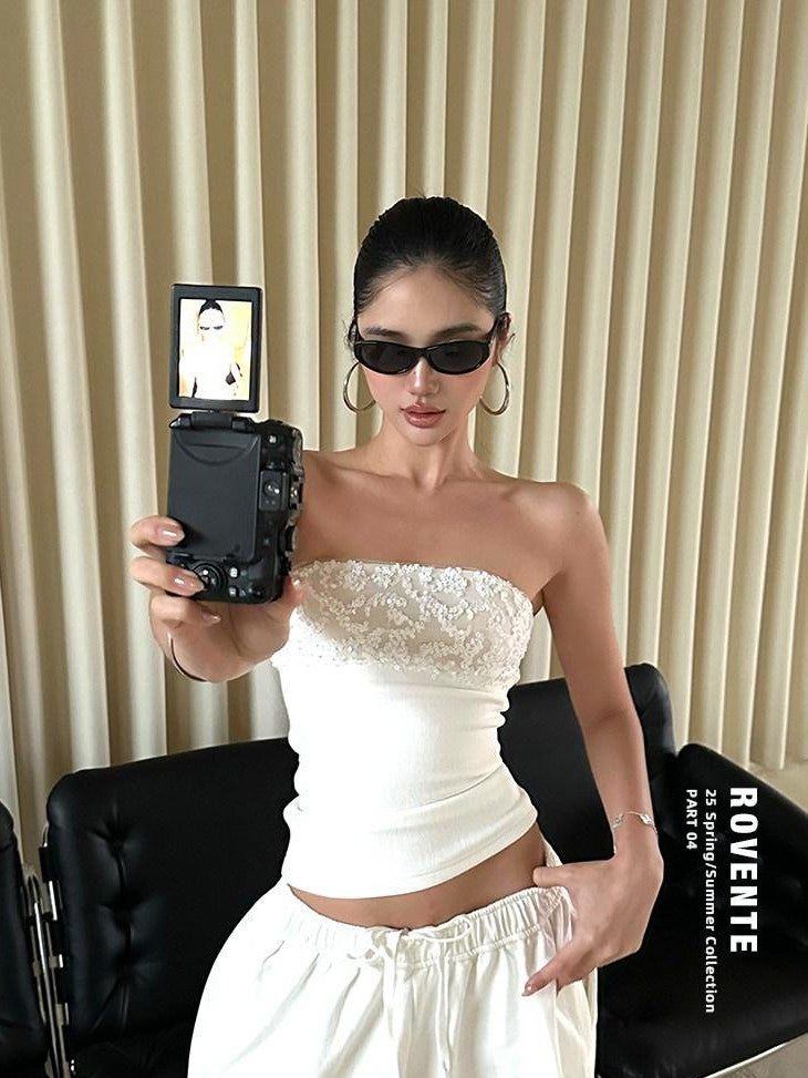 rovente White Sequin Spliced Strapless Waist Cinched Slim Women's Polyester Tube Tops