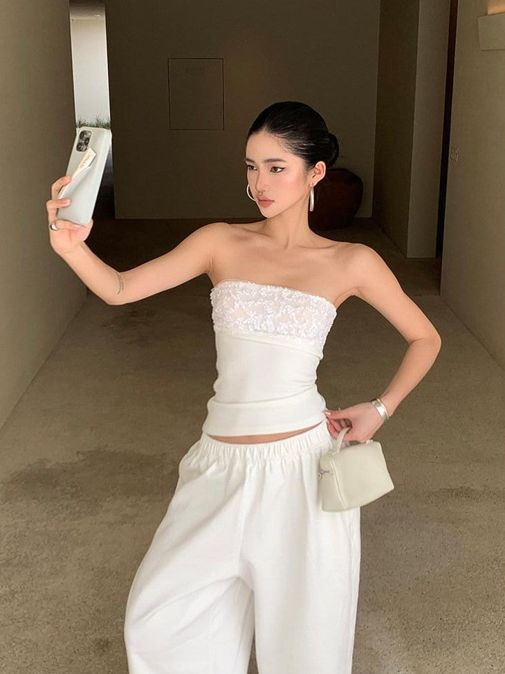 rovente White Sequin Spliced Strapless Waist Cinched Slim Women's Polyester Tube Tops
