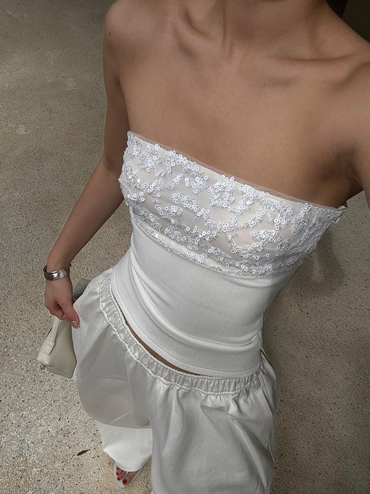 rovente White Sequin Spliced Strapless Waist Cinched Slim Women's Polyester Tube Tops
