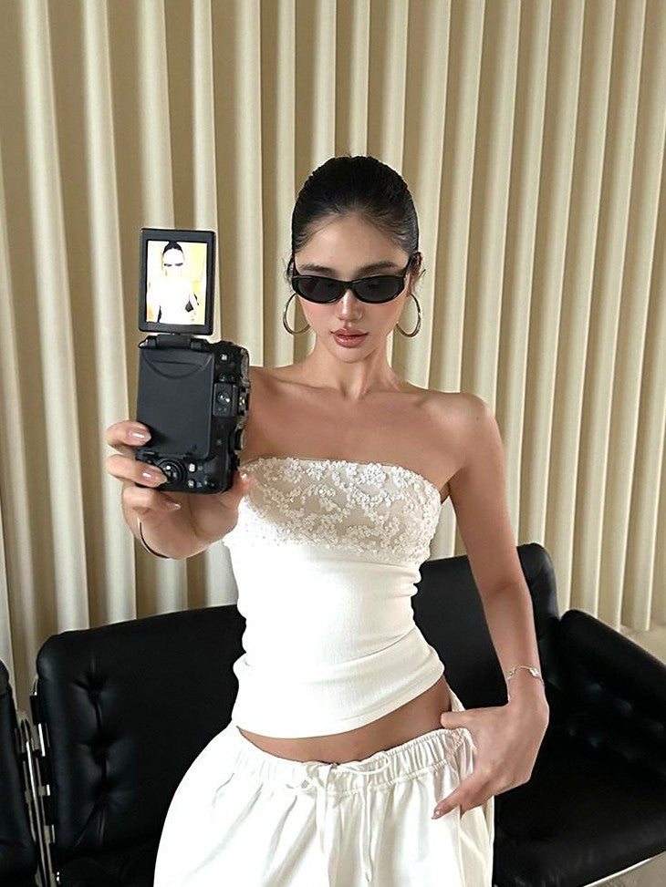 rovente White Sequin Spliced Strapless Waist Cinched Slim Women's Polyester Tube Tops