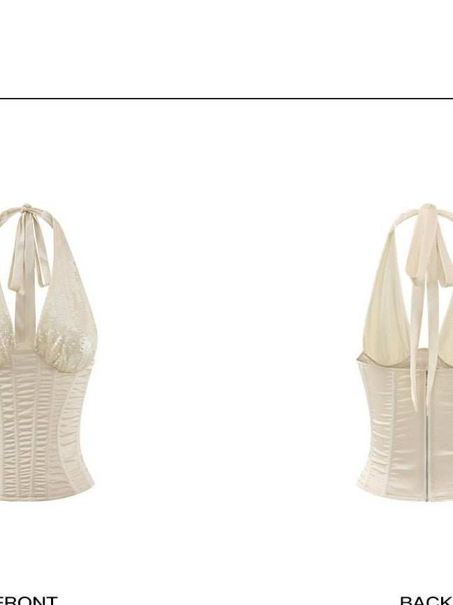 rovente White Sequin V-neck Boned Corset Waist Slim Women's Polyester Halter Tops