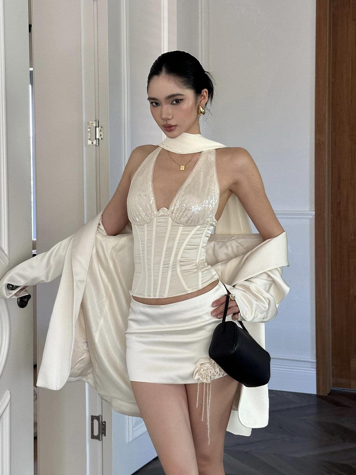 rovente White Sequin V-neck Boned Corset Waist Slim Women's Polyester Halter Tops