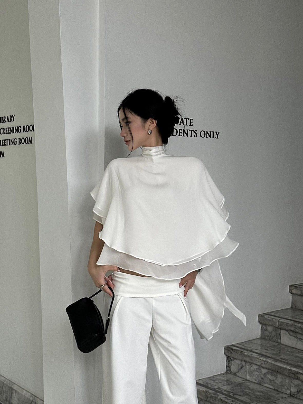 rovente White Shawl Overlay Ruffle Sleeve Stand Collar Women's Polyester Tunic Blouses