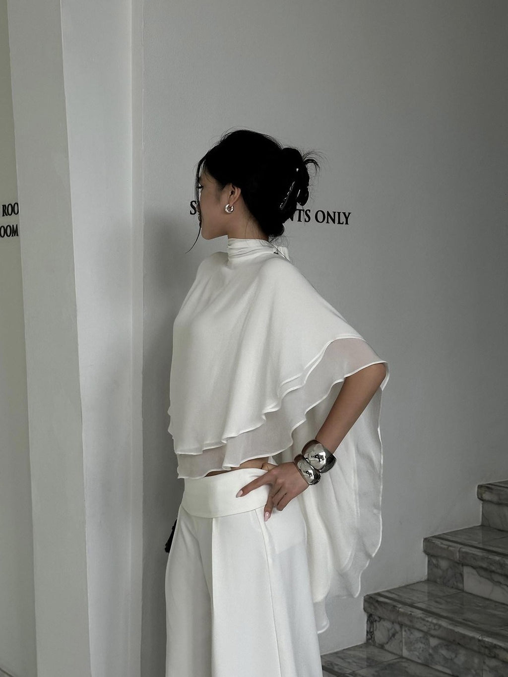 rovente White Shawl Overlay Ruffle Sleeve Stand Collar Women's Polyester Tunic Blouses