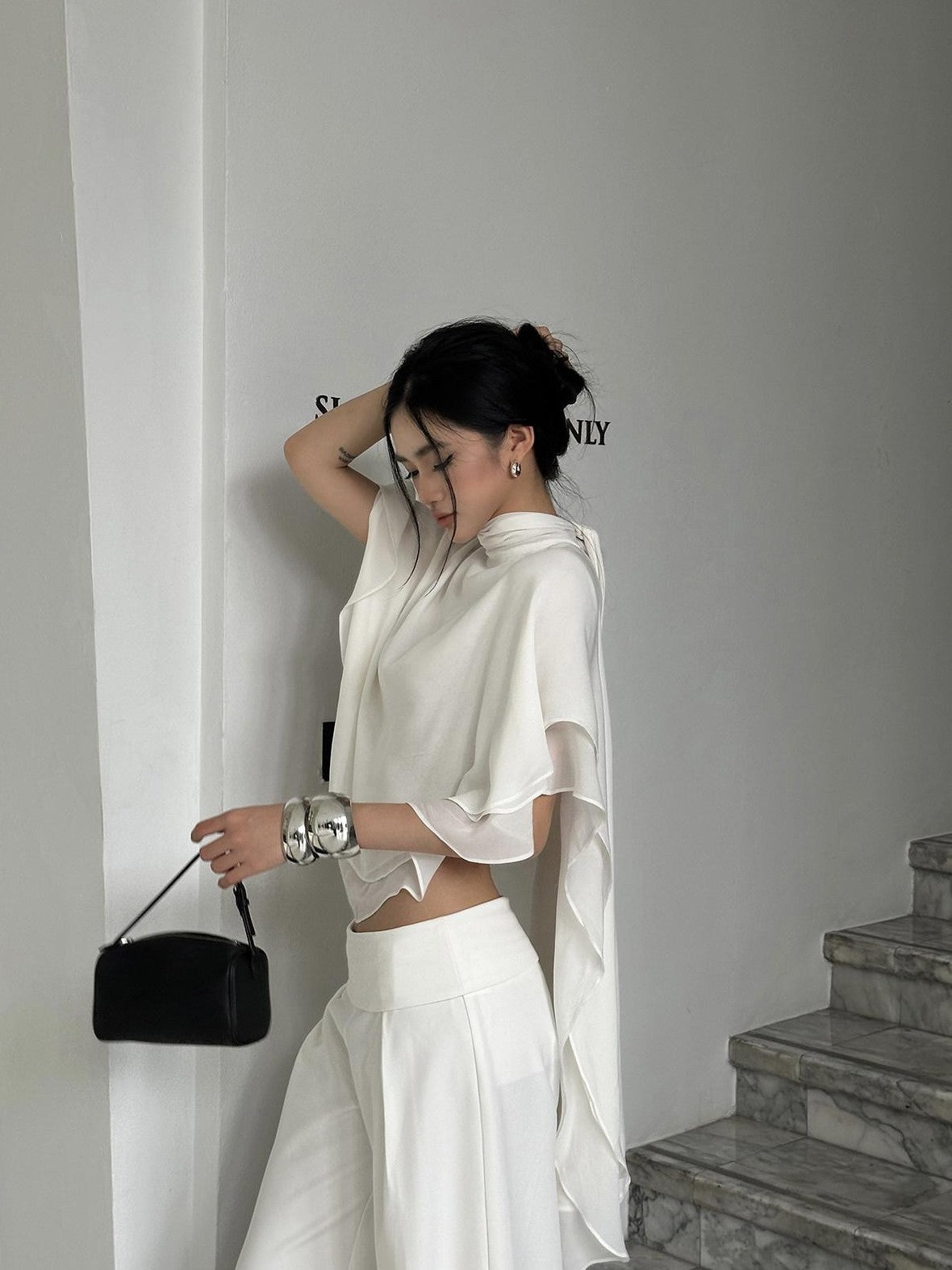 rovente White Shawl Overlay Ruffle Sleeve Stand Collar Women's Polyester Tunic Blouses