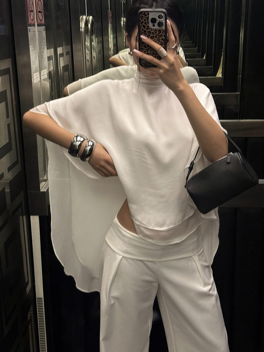 rovente White Shawl Overlay Ruffle Sleeve Stand Collar Women's Polyester Tunic Blouses