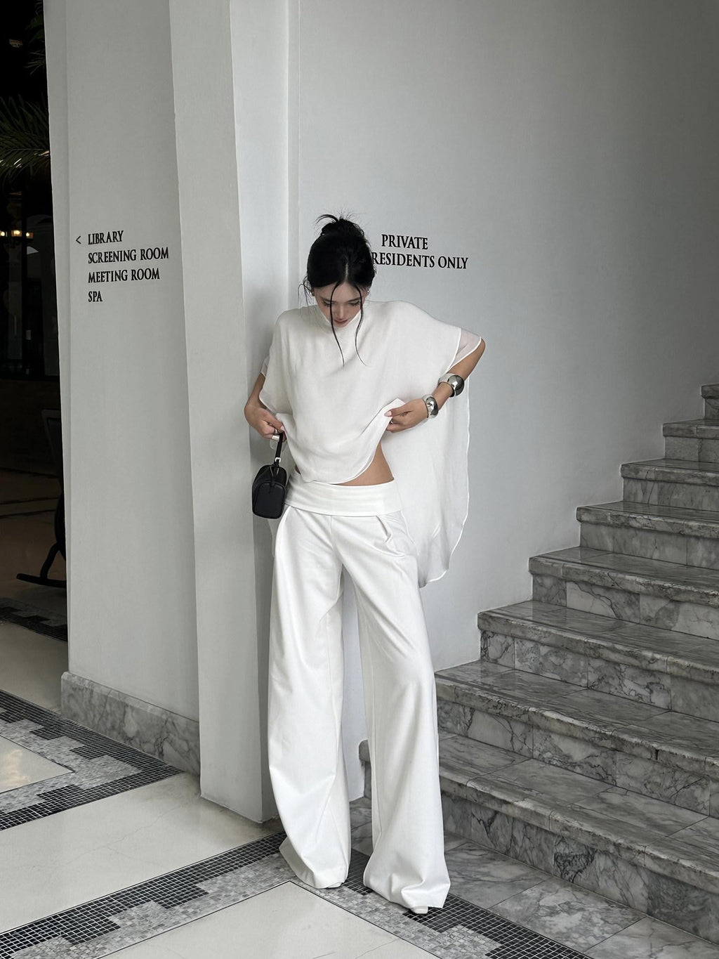 rovente White Shawl Overlay Ruffle Sleeve Stand Collar Women's Polyester Tunic Blouses