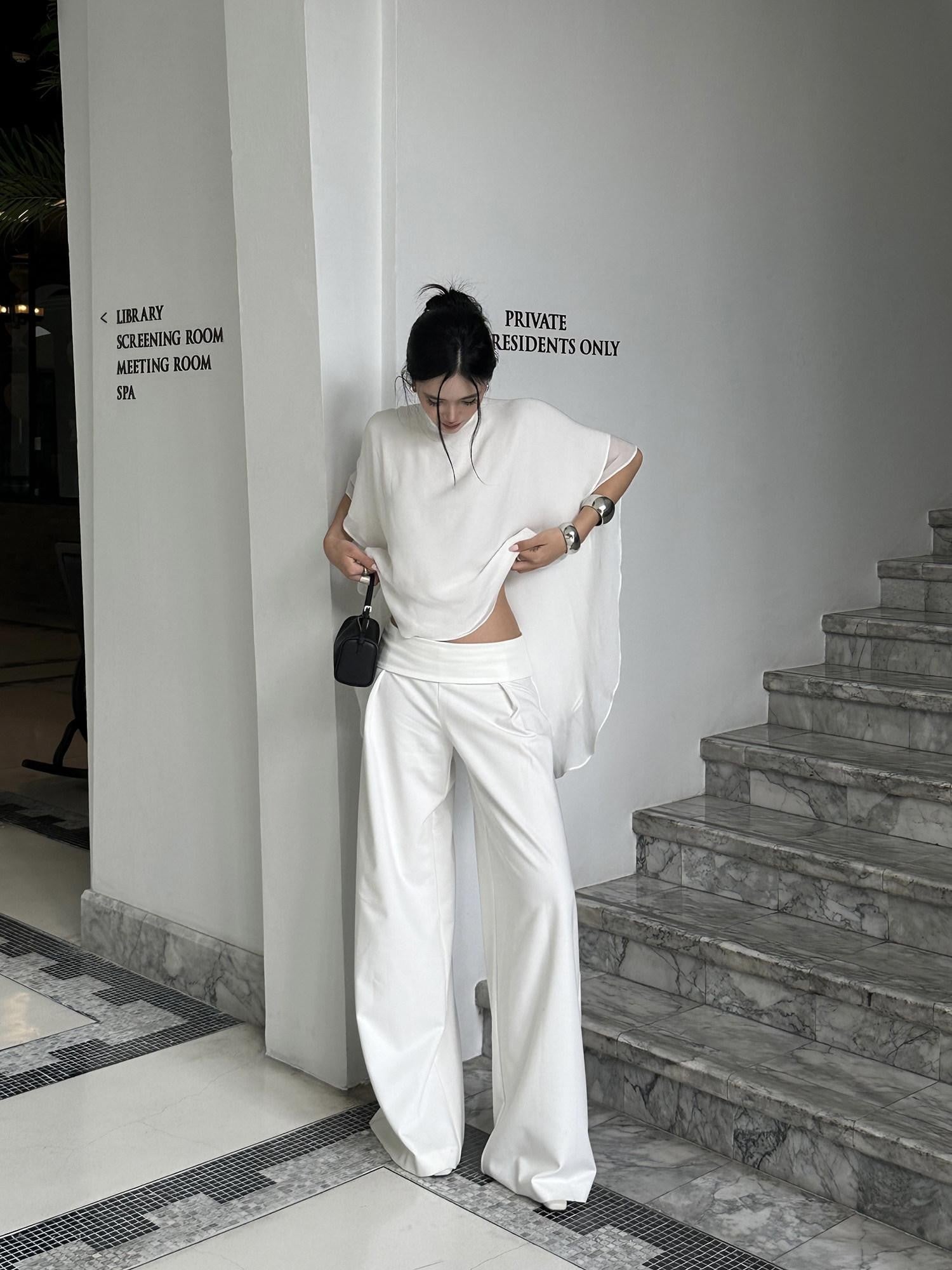rovente White Shawl Overlay Ruffle Sleeve Stand Collar Women's Polyester Tunic Blouses