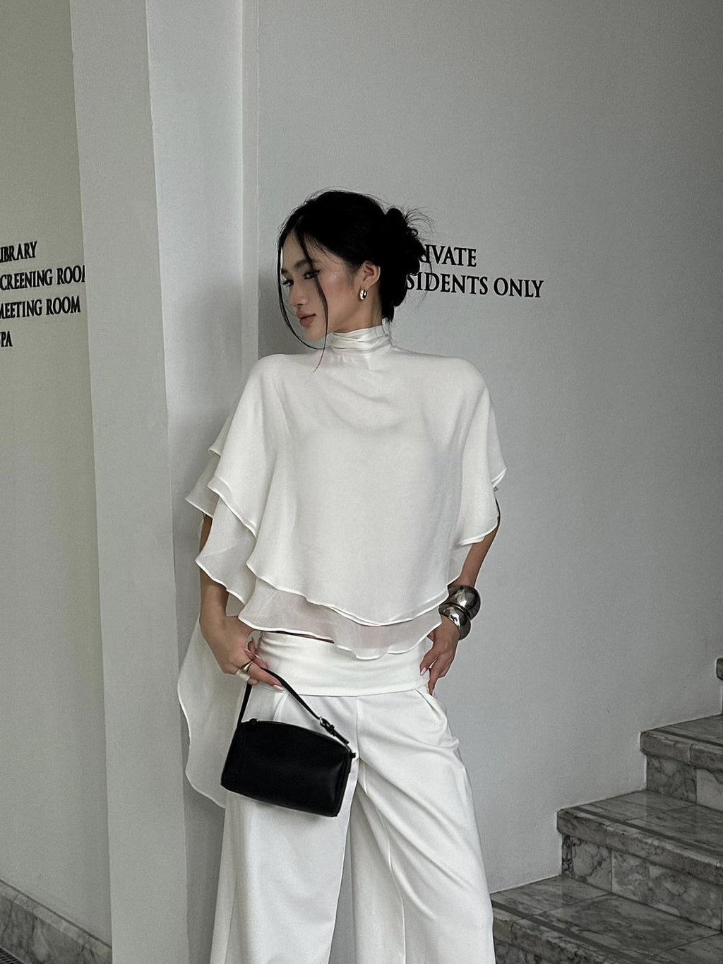 rovente White Shawl Overlay Ruffle Sleeve Stand Collar Women's Polyester Tunic Blouses