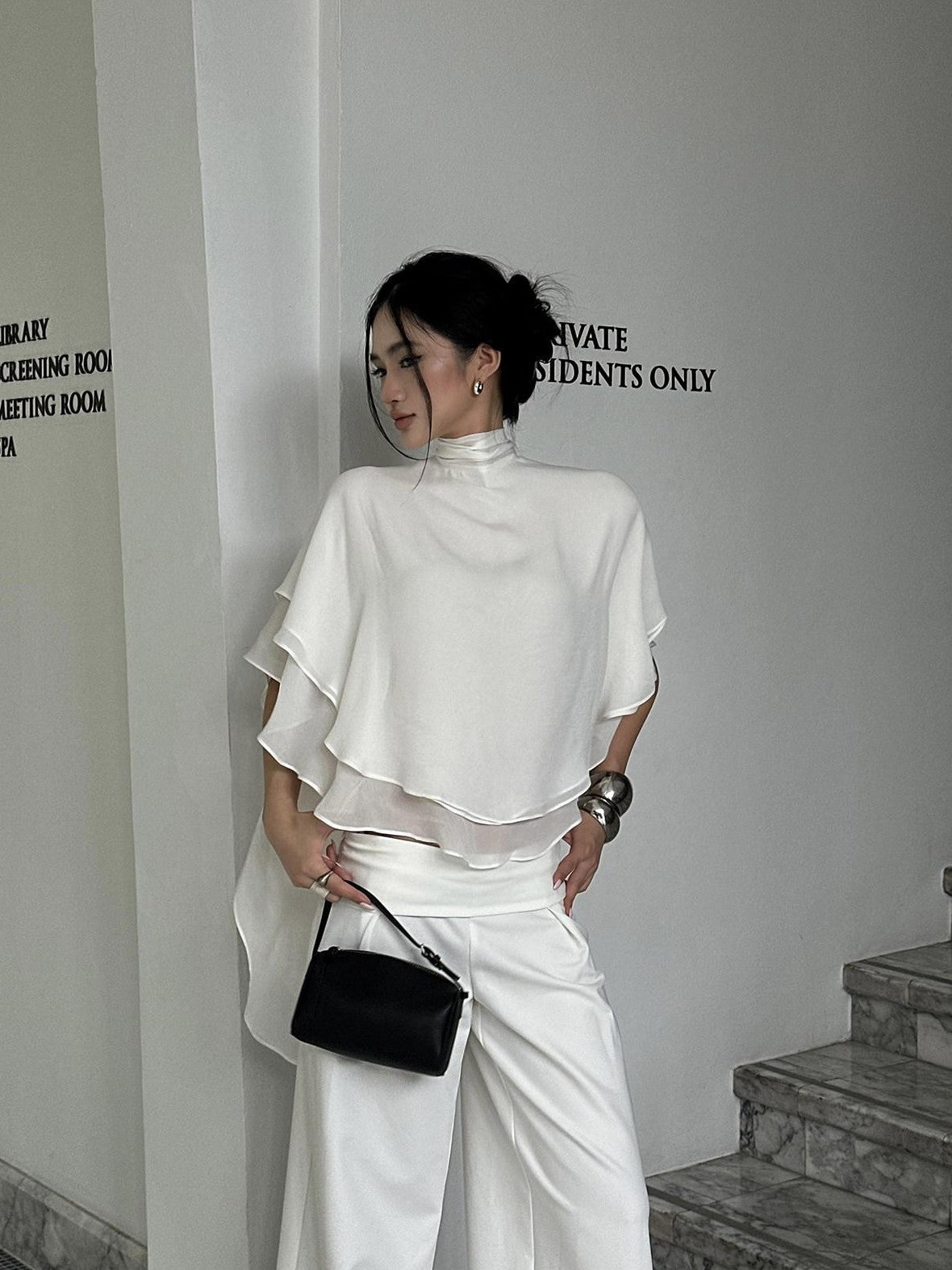 rovente White Shawl Overlay Ruffle Sleeve Stand Collar Women's Polyester Tunic Blouses