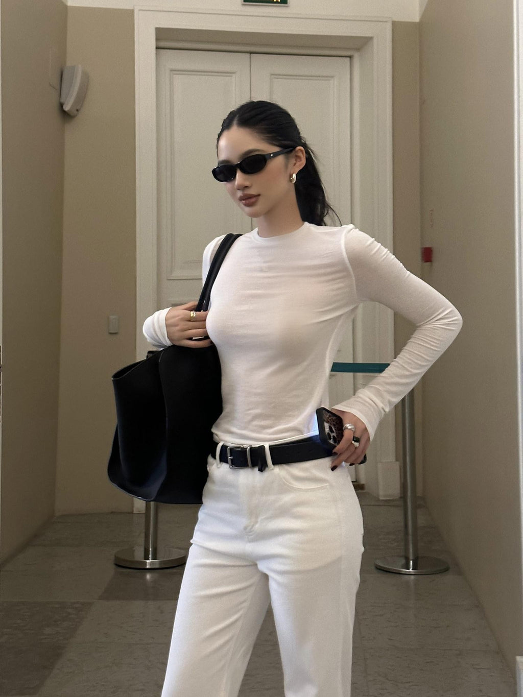 rovente White Sheer Slim Crew Neck Lyocell Wool Blend Women's Long Sleeve T-shirts