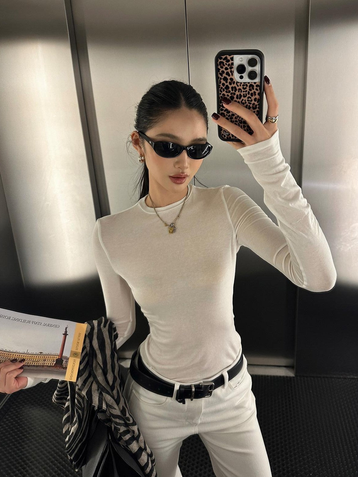 rovente White Sheer Slim Crew Neck Lyocell Wool Blend Women's Long Sleeve T-shirts