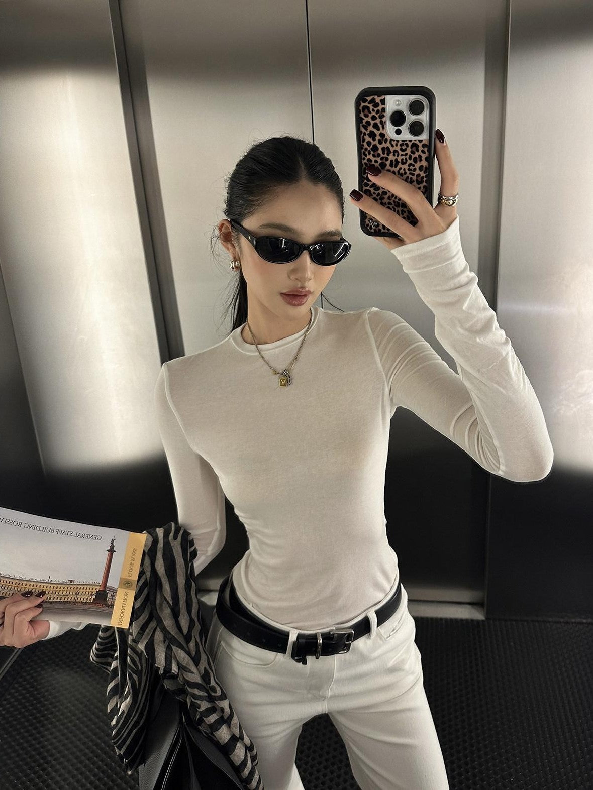 rovente White Sheer Slim Crew Neck Lyocell Wool Blend Women's Long Sleeve T-shirts