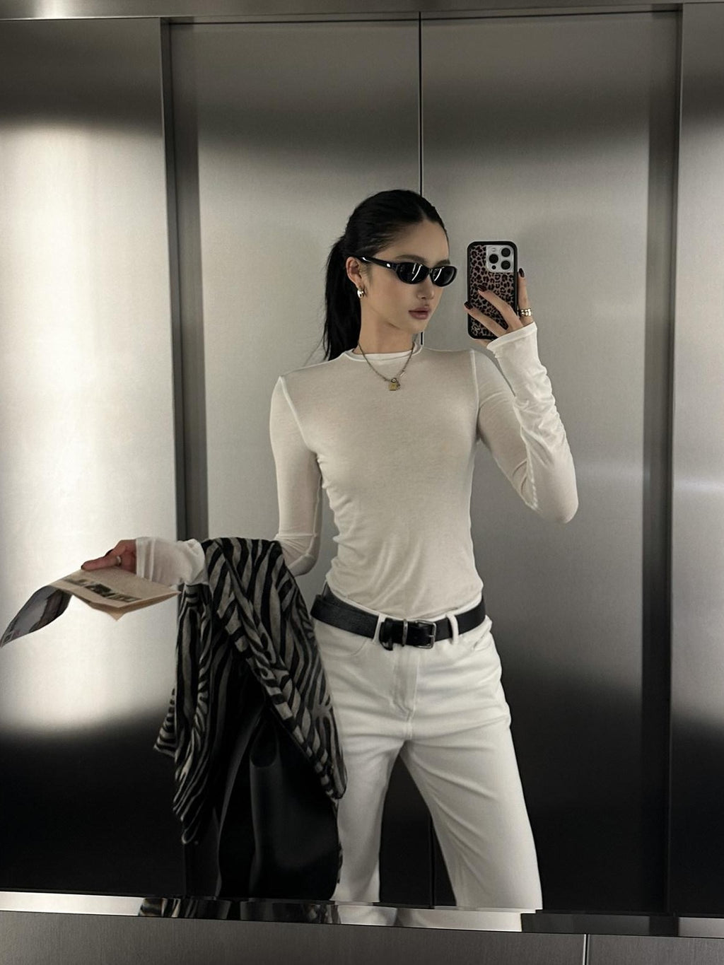 rovente White Sheer Slim Crew Neck Lyocell Wool Blend Women's Long Sleeve T-shirts