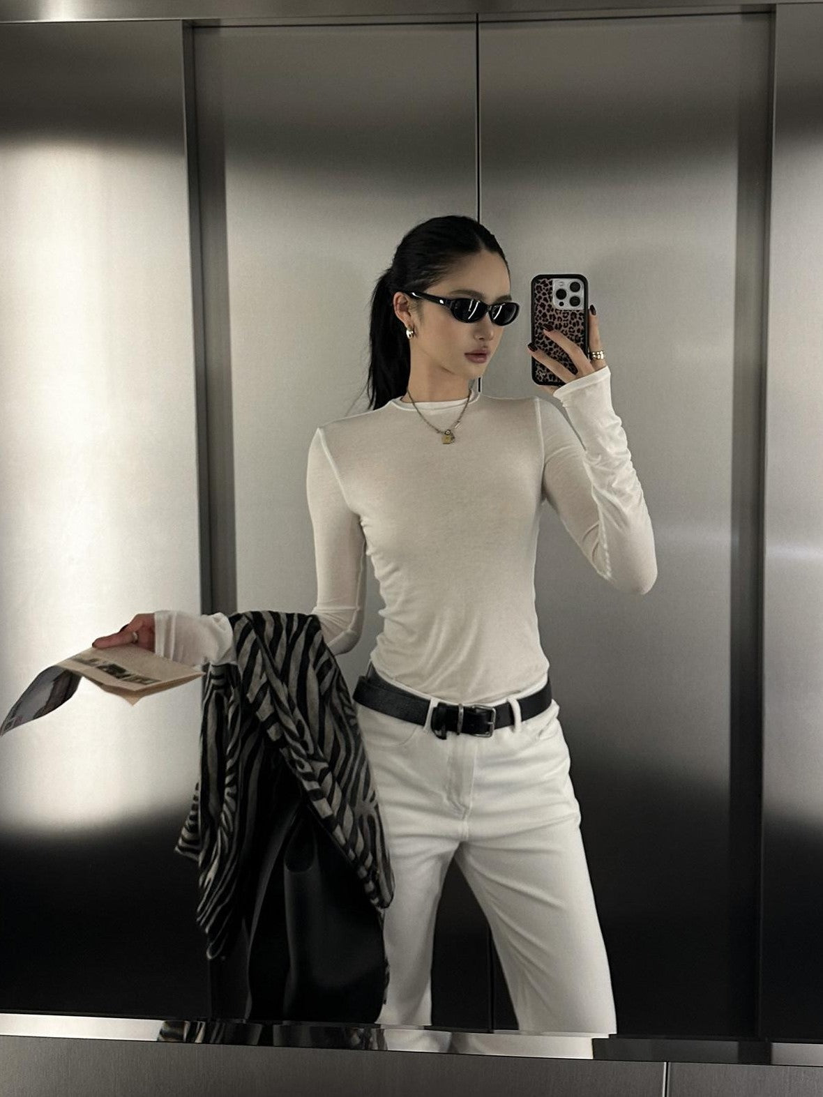 rovente White Sheer Slim Crew Neck Lyocell Wool Blend Women's Long Sleeve T-shirts