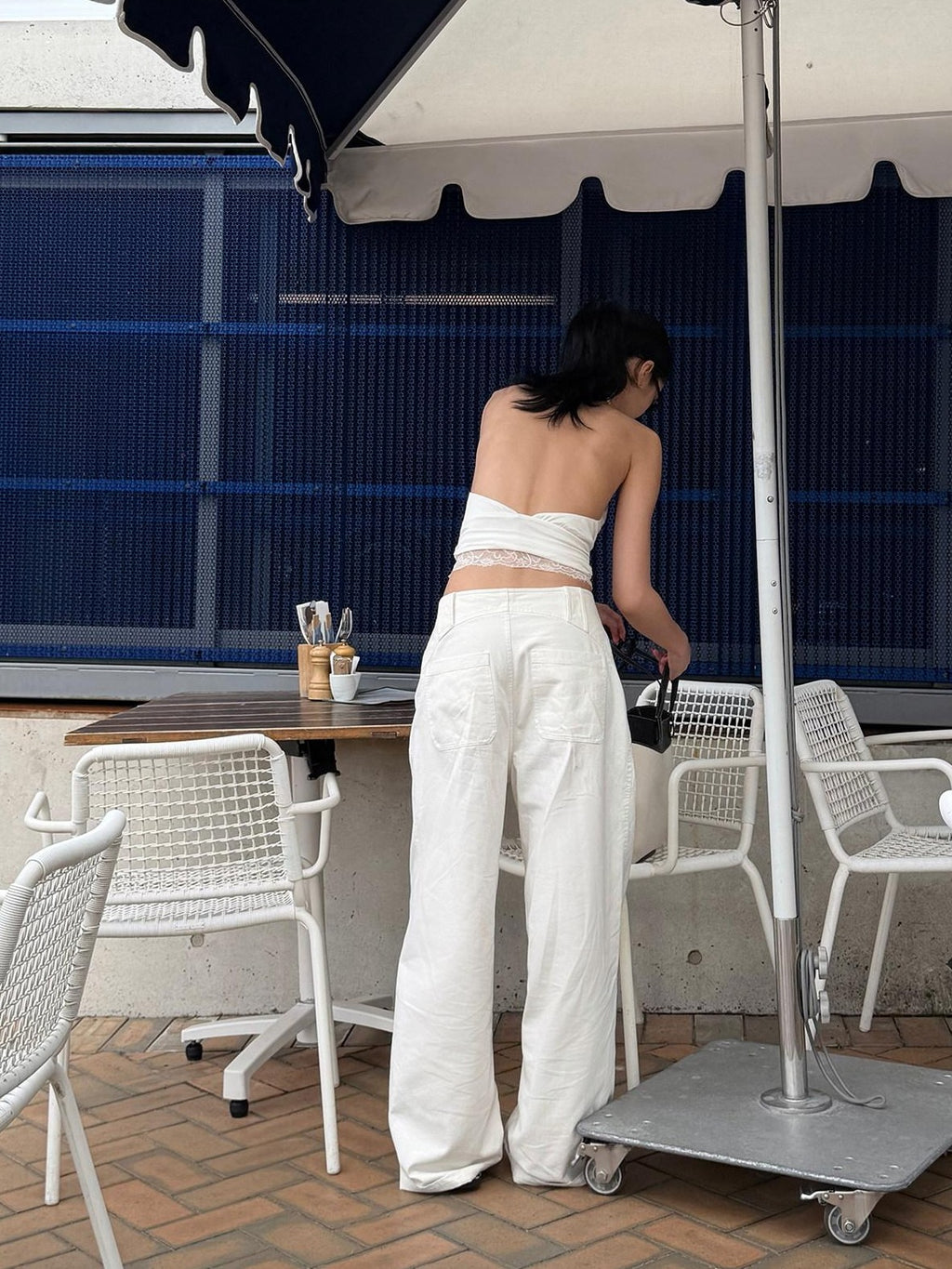 rovente White Solid Pockets Woven Natural Waist Women's Pure Cotton Wide-leg Jeans