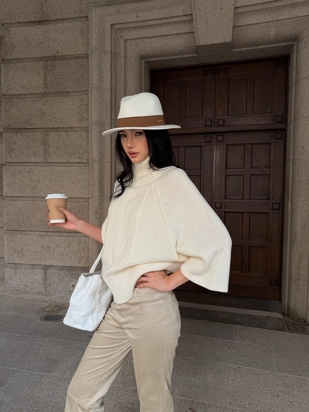 rovente White Solid Stand Collar Batwing Sleeve Cable Knit Women's Wool Sweaters