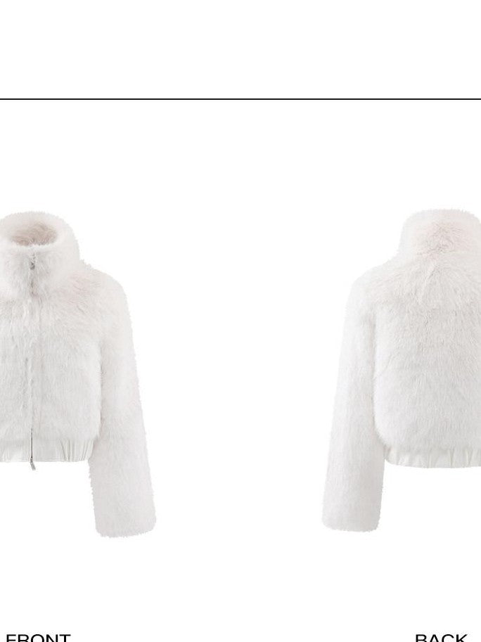rovente White Stand Collar Zipper Slanted Pockets Short Women's Polyester Faux Fur Coats