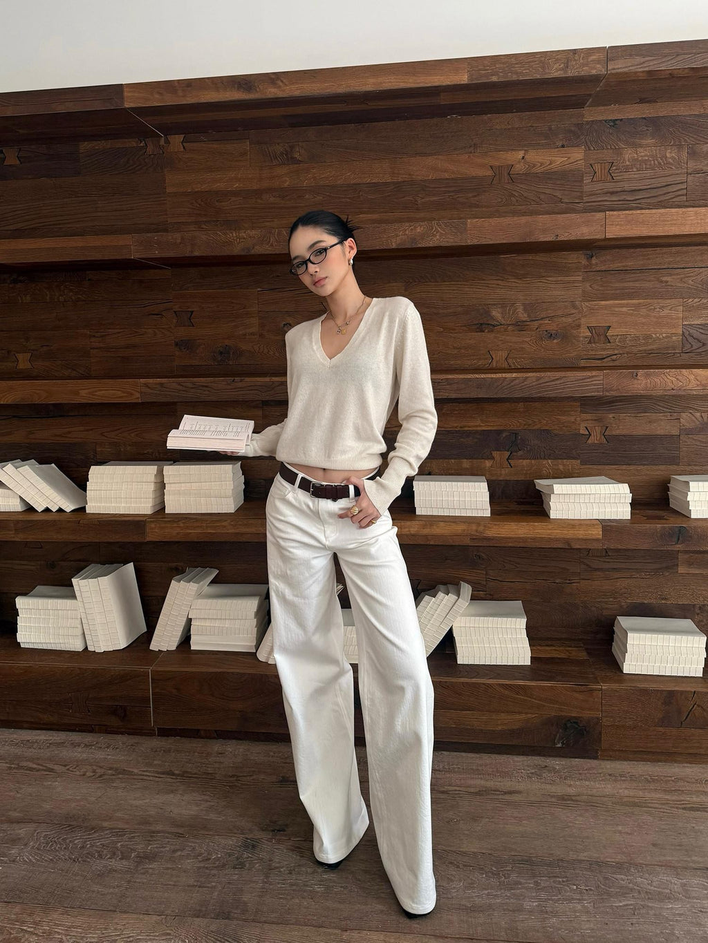 rovente White Straight Loose Casual Zipper Woven Women's Cotton Wide-leg Jeans