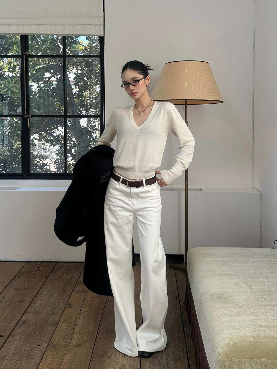 rovente White Straight Loose Casual Zipper Woven Women's Cotton Wide-leg Jeans