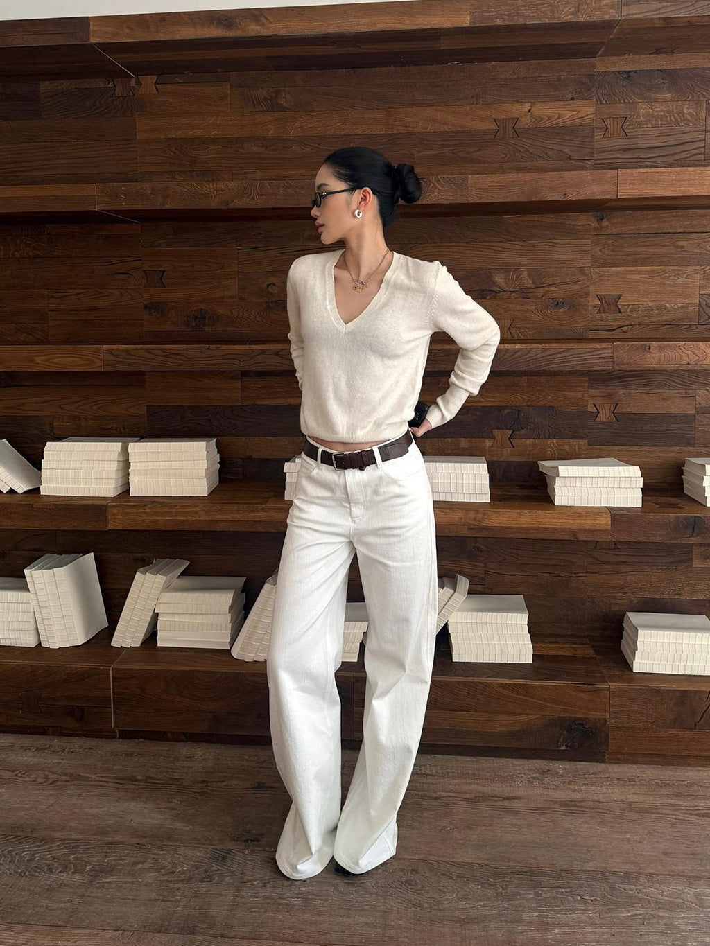 rovente White Straight Loose Casual Zipper Woven Women's Cotton Wide-leg Jeans