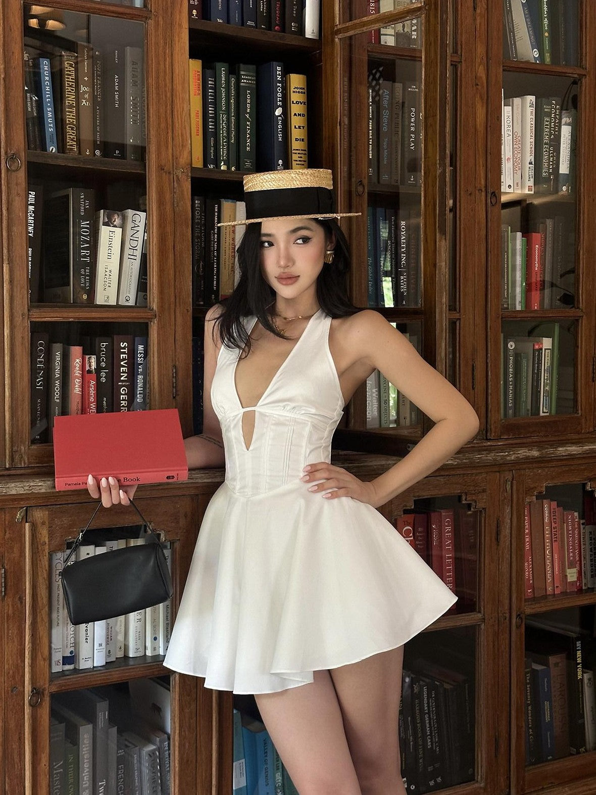rovente White V-neck A Line Cinched Waist Women's Cotton Blend Woven Halter Mini Dresses
