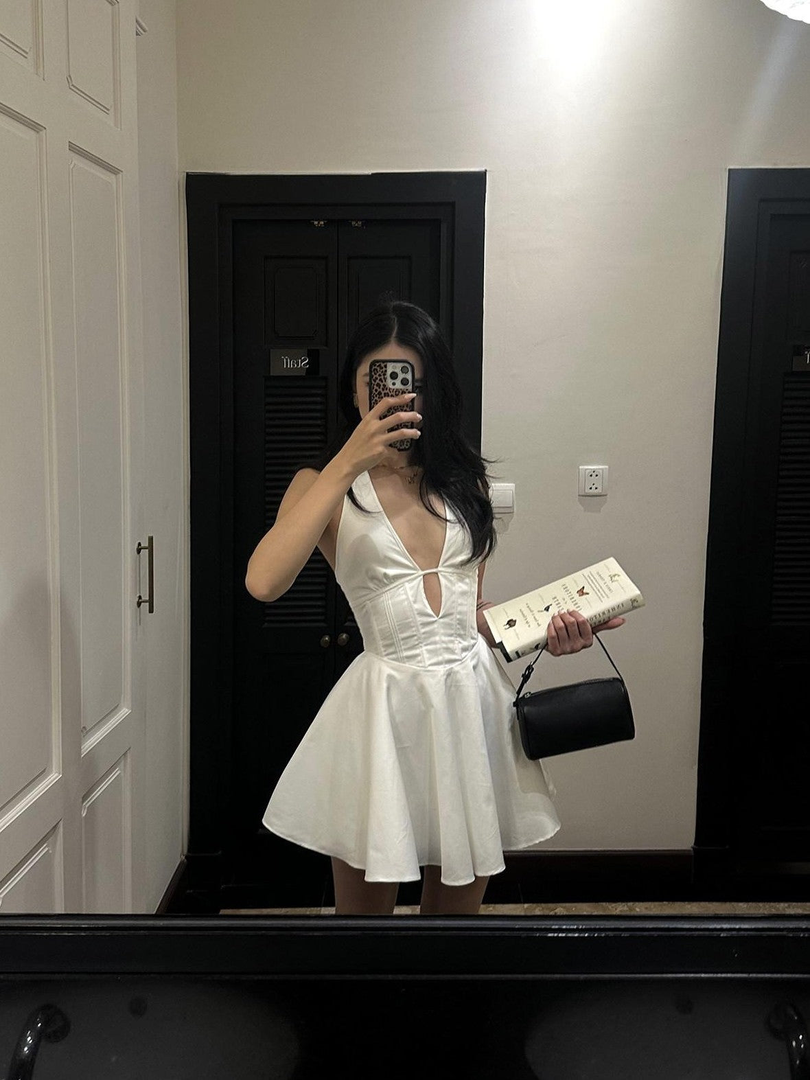 rovente White V-neck A Line Cinched Waist Women's Cotton Blend Woven Halter Mini Dresses