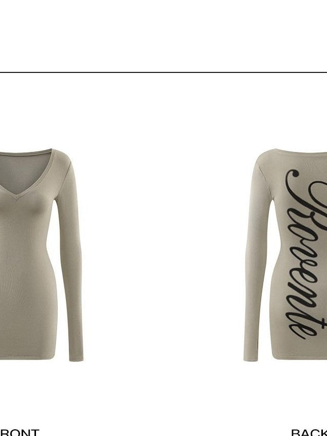 rovente White V-neck Printed Slim Knit Waist Women's Viscose Blend Long Sleeve T-shirts
