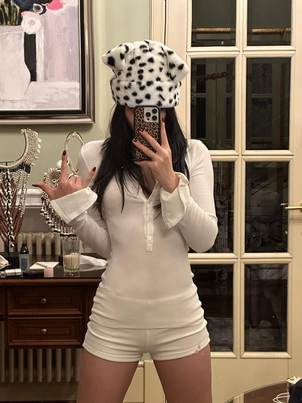 rovente White V-neck Slim Fit Button Knit Long Sleeve Women's Casual Top & Shorts Sets